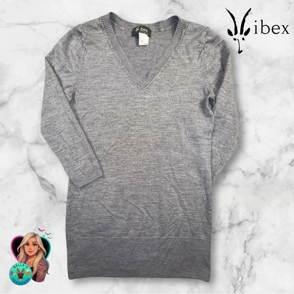 Ibex Top Women's Small V Neck Merino Wool Silk Blend Tunic Base Layer Grey Shirt